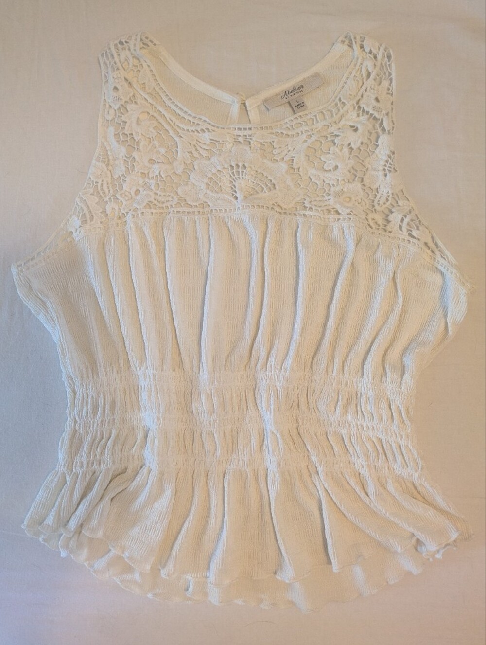 Atelier Cream Lace Yoke Smocked Peplum Tank - Picture 2 of 9